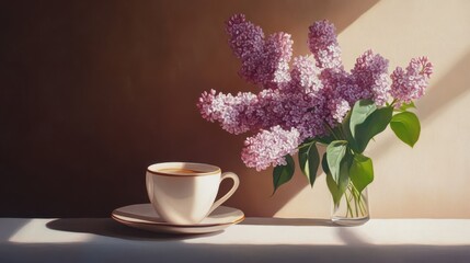 Sunlit lilac bouquet with coffee cup on table in morning light