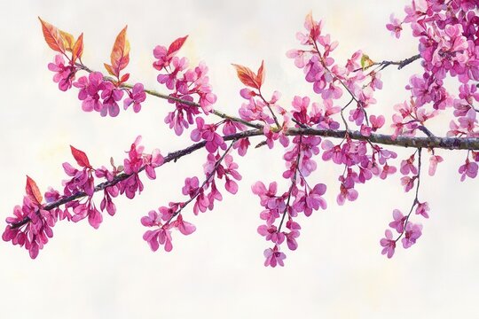 elegant redbud tree in full spring bloom, delicate pink blossoms against crisp white background, botanical illustration style with detailed heart-shaped leaves