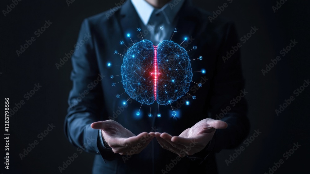 Poster hands holding a digital brain representation with network connections and light effects, symbolizing