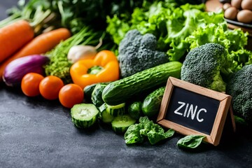 Assortment of fresh vegetables containing zinc displayed on a slate