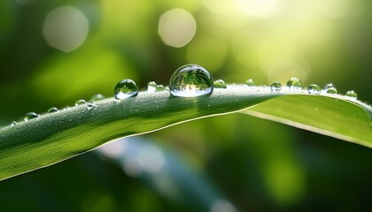 Extreme close-up of a dewdrop resting on a delicate green leaf, reflecting the surrounding natural world in its shiny surface.