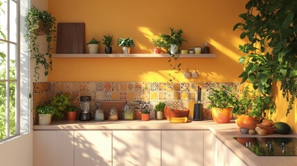 Sunny Kitchen with Vibrant Plants and Moroccan Tiles
