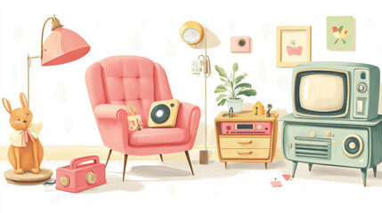 Cartoon set of teen girl bedroom furniture, interior design elements isolated on white background. Vector illustration of pink armchair, drawer, lamp, retro tv, tape recorder, telephone, kawaii toys