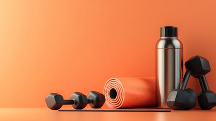Fitness equipment, orange studio background, yoga mat, dumbbells, water bottle