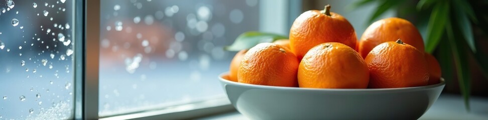 A bowl of bright orange oranges rests against a cold glass window, bowl, natural light