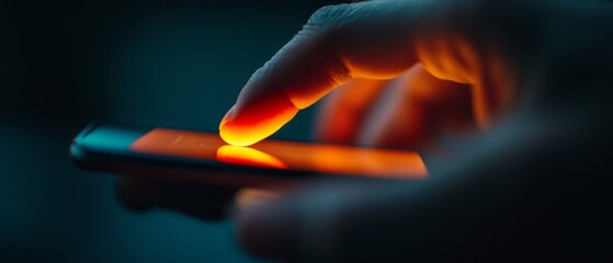 A finger elegantly tapping on a glowing touchscreen, capturing the intimacy of digital interaction in a minimally illuminated room, signifying modern communication.