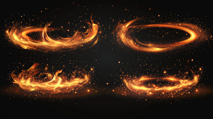 Abstract fire lines with sparks, bright glow lines isolated on transparent background. Vector realistic set of waves and swirls of flame streaks with sparkles