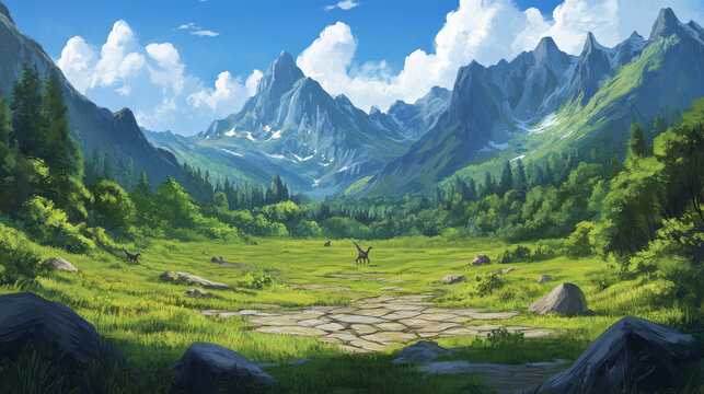 Prehistoric landscape with dinosaurs, mountains, green grass and cracks in ground after earthquake. Summer scene with ancient reptiles in jurassic or cretaceous time, vector cartoon illustration