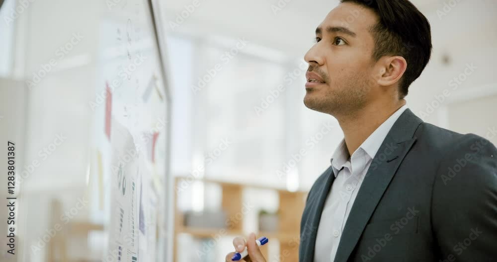 Aufkleber thinking, smile and writing on glass with a businessman in his office for problem solving or brainst