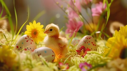 Cute baby chicks hatching from decorated Easter eggs, surrounded by soft grass and bright spring flowers