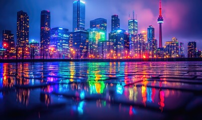 Fototapeta premium Night cityscape reflection, urban waterfront, vibrant lights, city skyline