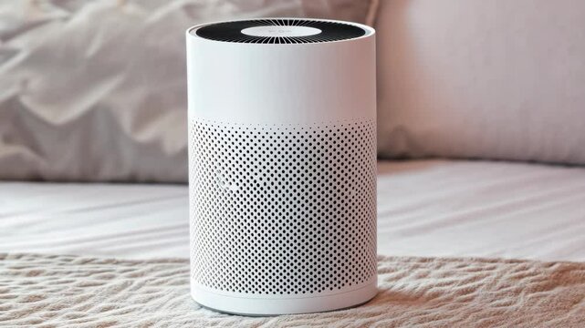 Modern air purifier placed on a cozy bedspread in a minimalistic bedroom for improved indoor air quality