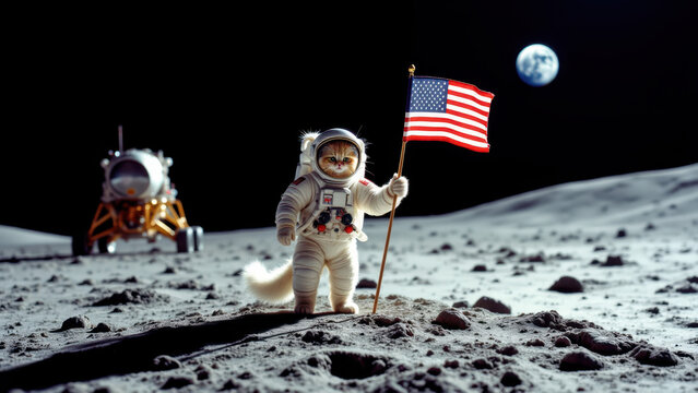 Cat astronaut on moon with American flag