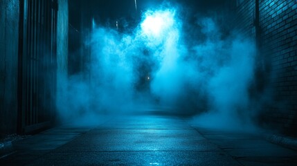 An empty concrete floor stretches through a dark alley, shrouded in swirling mist. Blue light casts an ethereal glow, creating an otherworldly atmosphere in the stillness of night