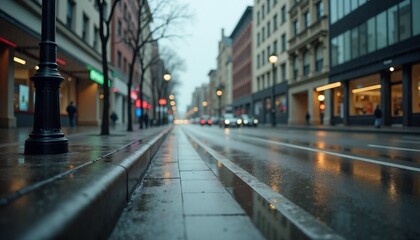 Realistic urban scene with wet pavement after rainfall on an empty street
