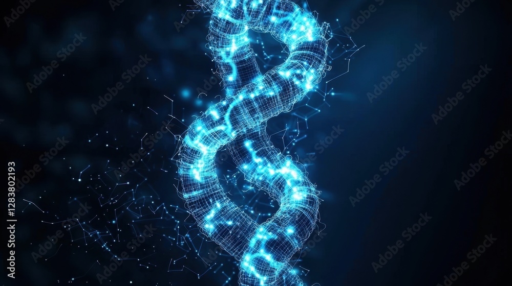 Poster abstract representation of a digital helix structure illuminated with blue light and creating a futu