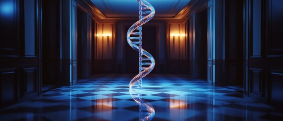 A luminous DNA helix stands in a grand hall, merging science with architectural splendor and mystery.