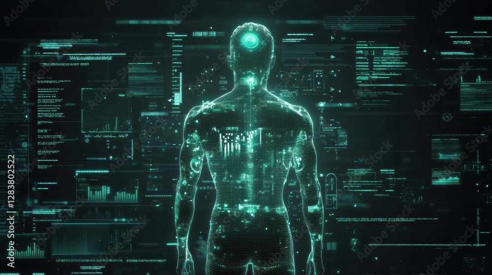 Poster Human silhouette infused with futuristic AI graphs and data visualizations representing analytical insights and trends in technology. Generative AI