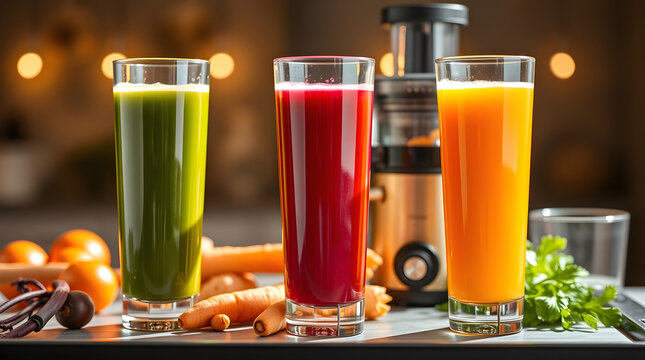 Cold pressed juices with a modern juicer and fresh ingredients