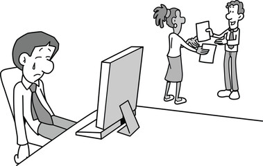Sad Employee Doodle  Workplace Bullying Depression and Ignorance at Office Desk

