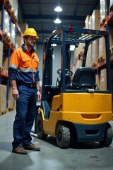 Obraz premium Employees in uniform standing near pallet truck and forklift, automatic warehouse, warehouse operation