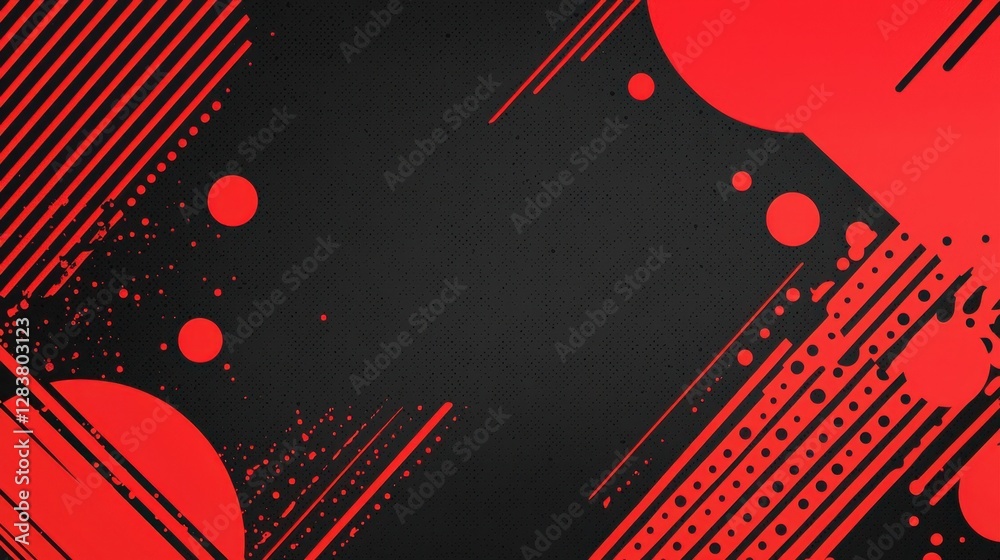 Poster abstract red and black background with geometric lines and circular elements for graphic design and 