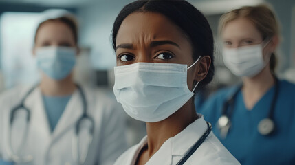 Medical staff, group of doctors and nurses in uniform and face mask. Vector flat illustration of professional medic team, diverse people work in hospital or health clinic