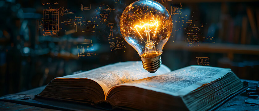 Ultra-Realistic Floating Lightbulb Above an Open Book – Symbol of Knowledge