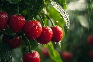Obraz premium Ripe red cherry peppers growing on vine during rain shower