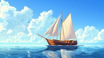 Fototapeta premium Old wooden ship sailing in sea. Vector cartoon illustration of voyage boat with mast tower, white sails and anchor floating on calm rippling water surface under clear blue sky. Travel game scene