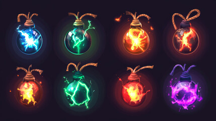 Bombs with fuse props game icons. Explosive military weapon with rope wick and green, red, blue, orange and purple electric lightnings. Cartoon metal balls 3d vector set, user assets, graphic elements