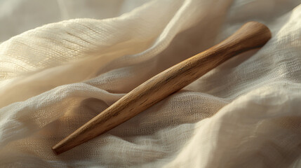 Elegant wooden hairpin rests gently on a light-colored fabric, bathed in soft, natural sunlight.