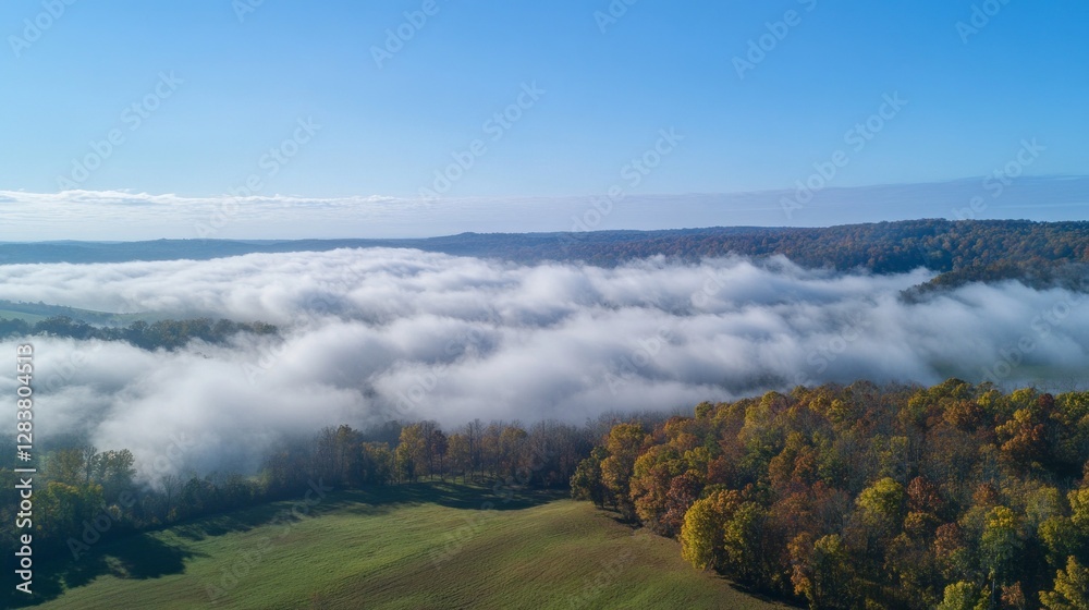 Poster a stunning aerial perspective showcases a sea of clouds enveloping lush greenery and colorful autumn
