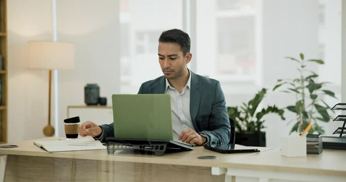 Business man, laptop and thinking of decision, reading proposal, investment report or research in office. Professional Asian worker or trader with trading choice, doubt or problem solving on computer
