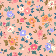 Beautiful floral pattern in small vintage
flowers. Small blue, orange and white
flowers. Coral background. Ditsy print.
Floral seamless background. Gentle
template for fashion prints. Stock
pattern.