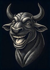 Obraz premium Smiling Bull Head Artistic Portrait Dark Background