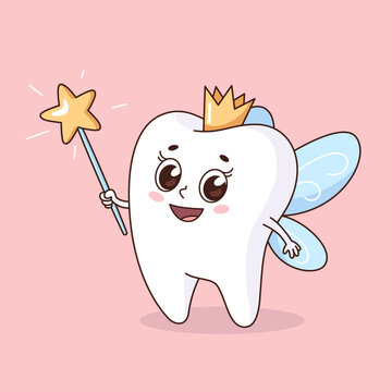 Tooth fairy, comic cartoon style tooth with a magic wand and fairy wings, simple cute kids illustration, vector drawing