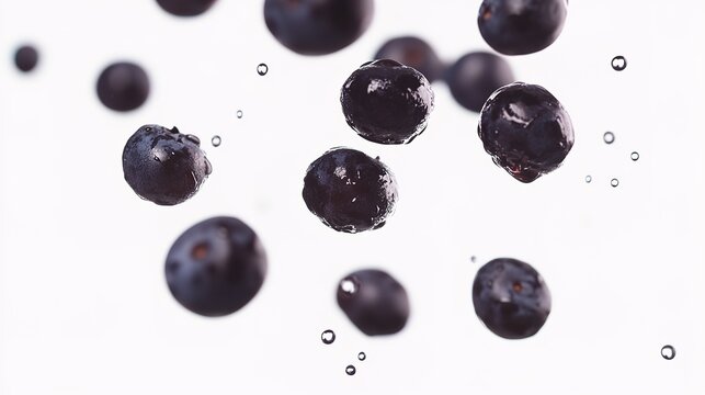 Blueberries and water droplets floating in the air, white background, studio photography, close-up, sharp focus, high resolution