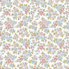 Vector seamless pattern. Vintage
pattern in small flowers. Small blue and
pink flowers. White background. Liberty
floral background. Trendy template for
fashion prints. Stock vector.