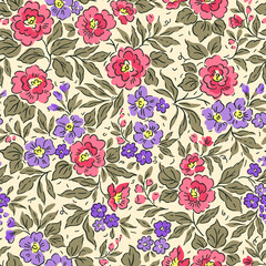 Vintage floral background. Floral pattern with pink and lilac flowers on a white background. Seamless pattern for design and fashion prints. Ditsy style. Stock vector illustration. Hand drawn vintage  © ann_and_pen