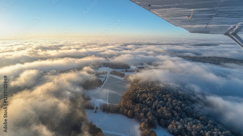 Poster above a mystical ocean of clouds, the early morning light paints the scene in pastel colors. treed h