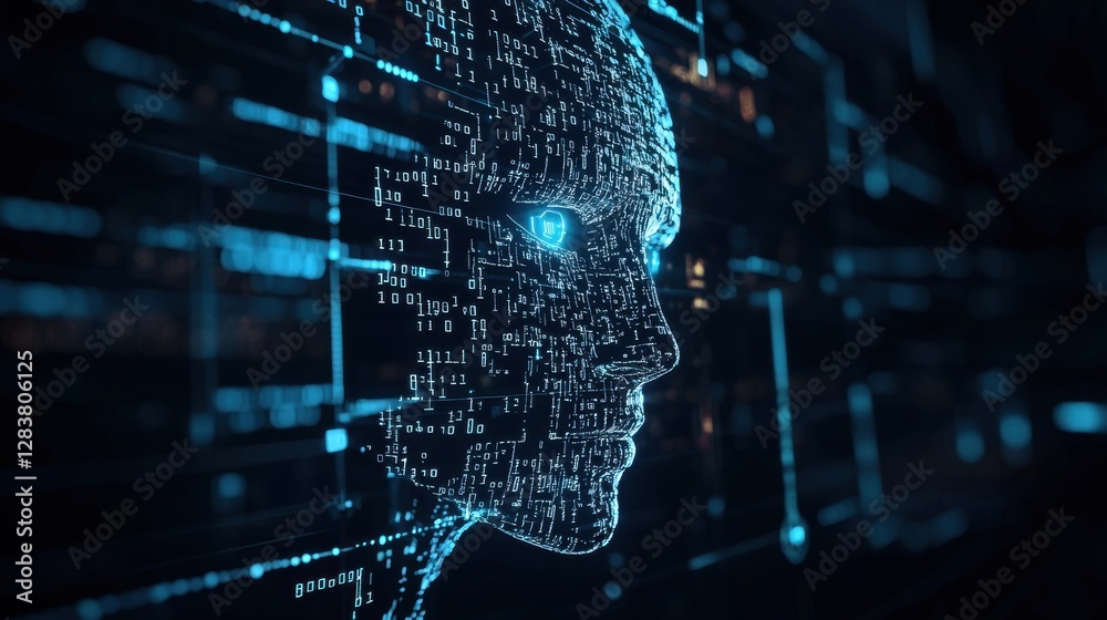 Poster futuristic digital human-like face with binary code and glowing blue elements representing artificia