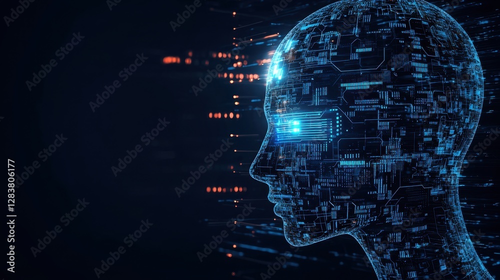 Poster futuristic digital human head with circuit patterns and blue light effects representing artificial i
