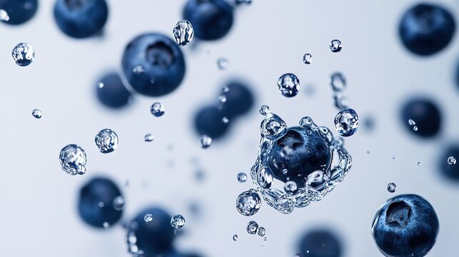 Blueberries and water droplets floating in the air, white background, studio photography, close-up, sharp focus, high resolution