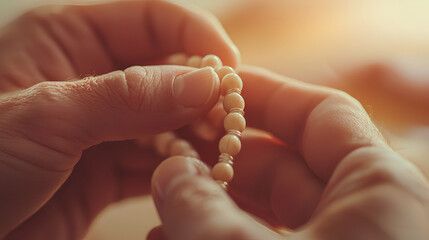 Close-up of hands holding and counting beads of a spiritual bracelet. Serene and meditative moment.