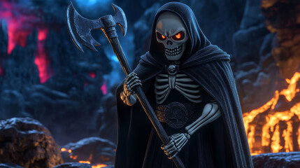 Naklejka premium Grim reaper with scythe in hell. Funny death Halloween character wear black chlamydia with skull under hood on background with rocks, lava and devil altar horror scene, Cartoon vector illustration