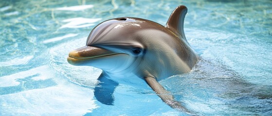 Obraz premium A playful dolphin gleefully surfaces in shimmering turquoise water, its smooth skin catching the sunlight, evoking a sense of joy and freedom.