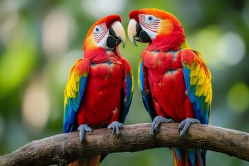 Two colorful scarlet macaws perching on a branch