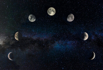 Moon phases in a starry night sky