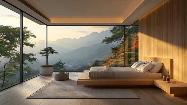 Fototapeta A minimalist bedroom with a sleek wooden bed, floor-to-ceiling windows showcasing a stunning mountain range at sunrise, soft neutral tones in the decor, golden light streaming through,
